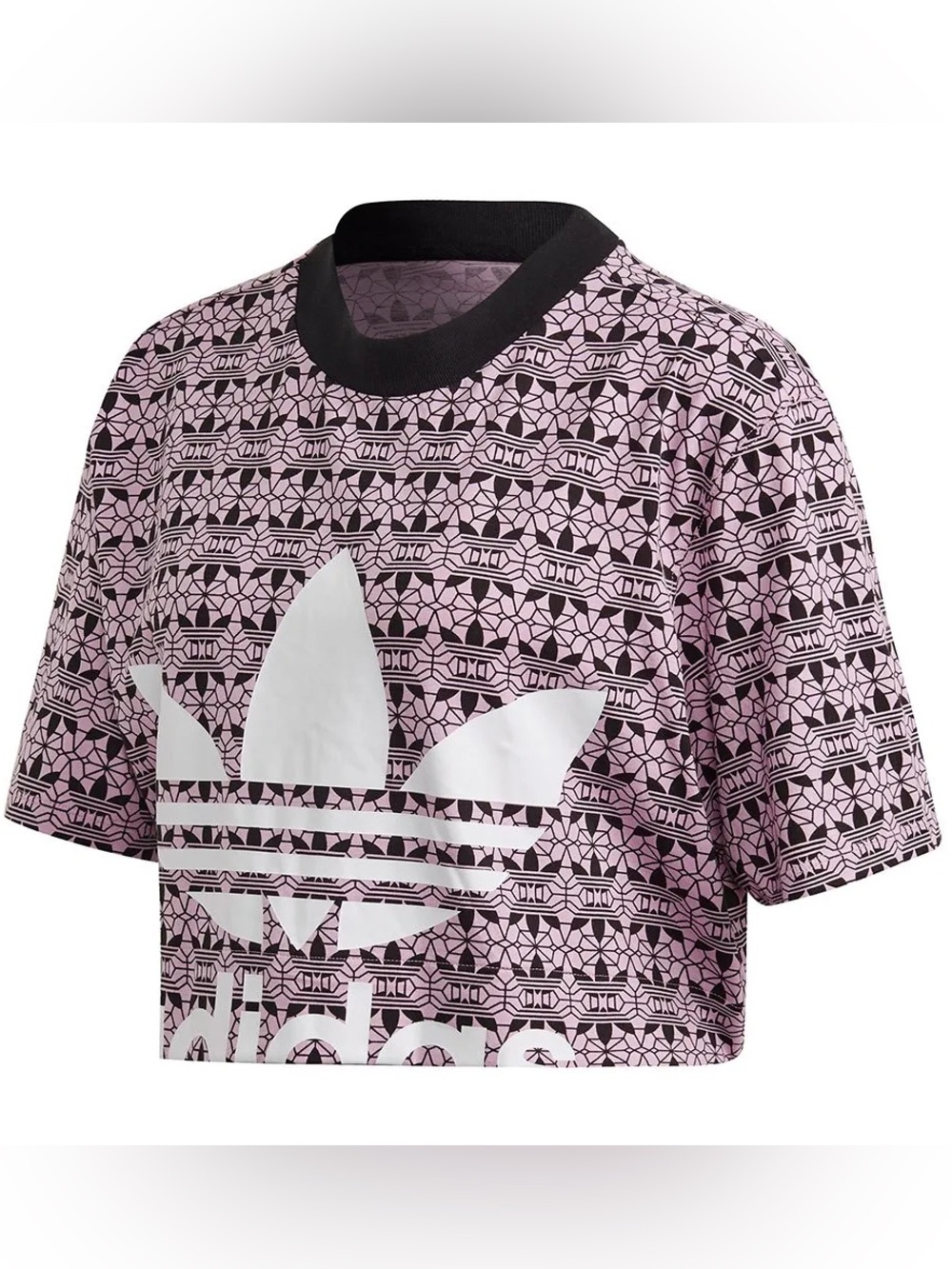 adidas Pink Geometric Trefoil Crop Tee with Black Neck